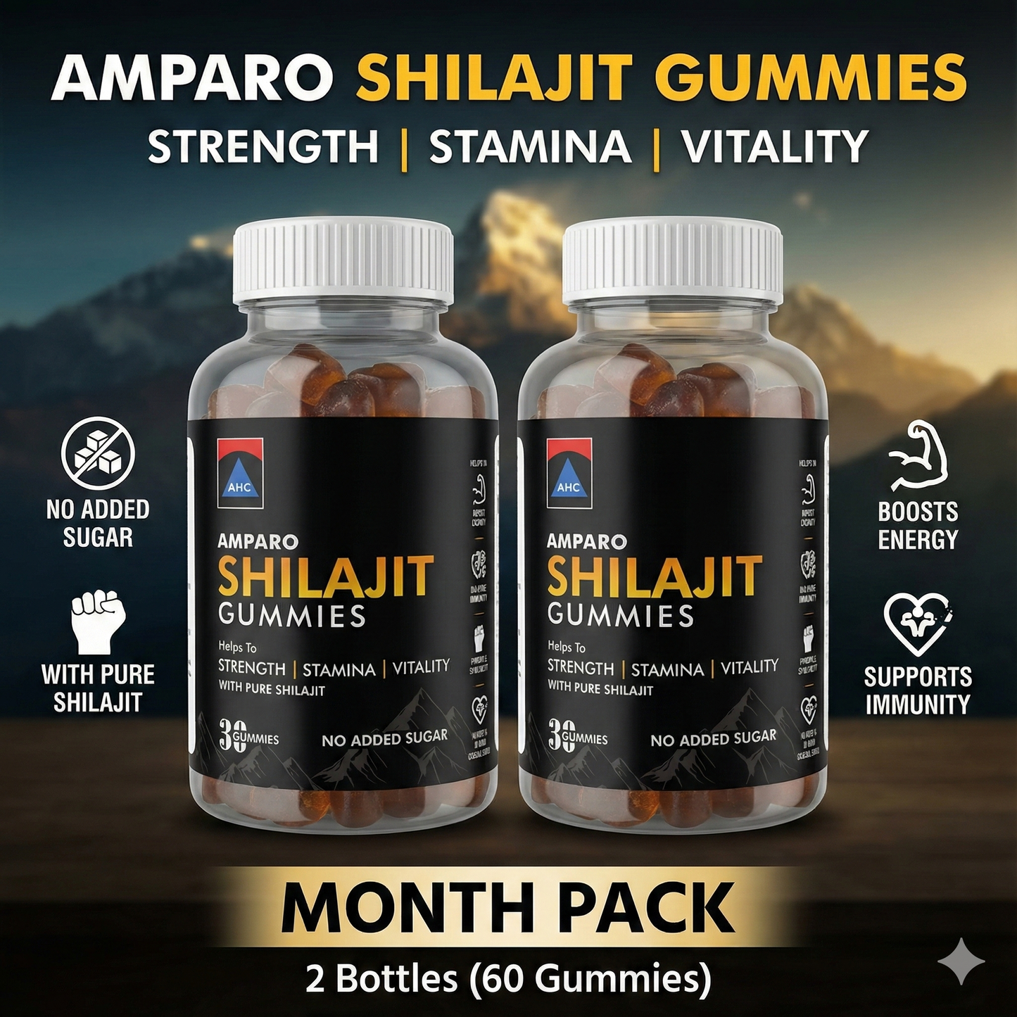 Amparo Shilajit Gummies 250 mg – 1 Month Pack | Natural Energy & Stamina Booster | Sugar-Free Chewable Supplement for Men & Women